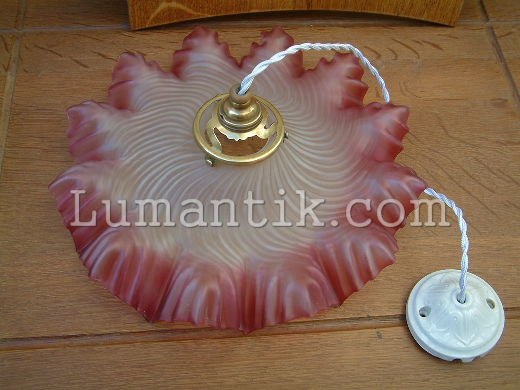 Suspension et abat jour verre bordure rouge