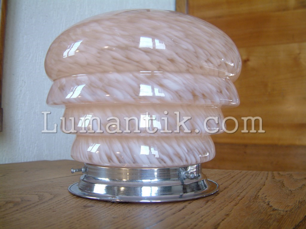 Plafonnier annelé et chromé verre moucheté rose