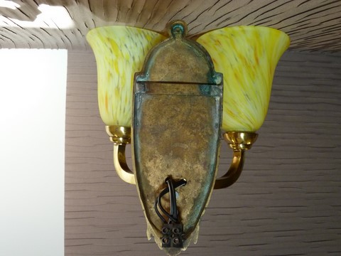 Applique ancienne bronze double feux tulipes jaune