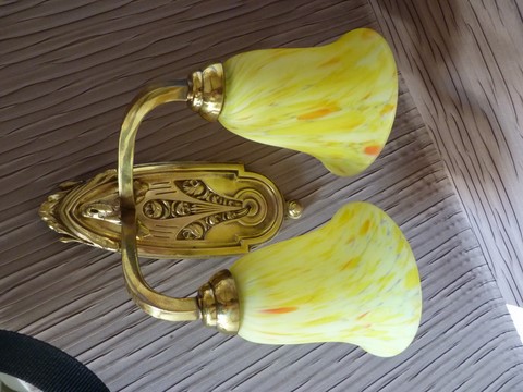 Applique ancienne bronze double feux tulipes jaune