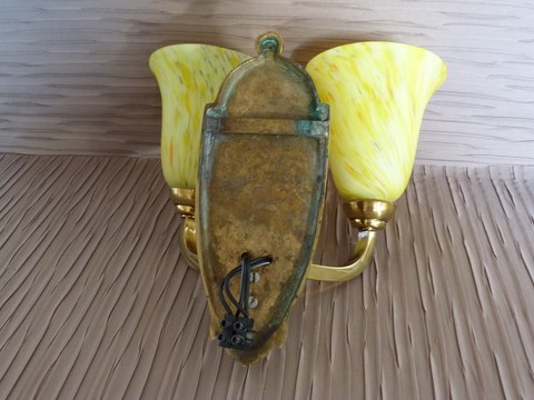 Applique ancienne bronze double feux tulipes jaune