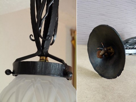 Ancienne suspension fer forgé et globe motif géométrique art déco Fournet ?