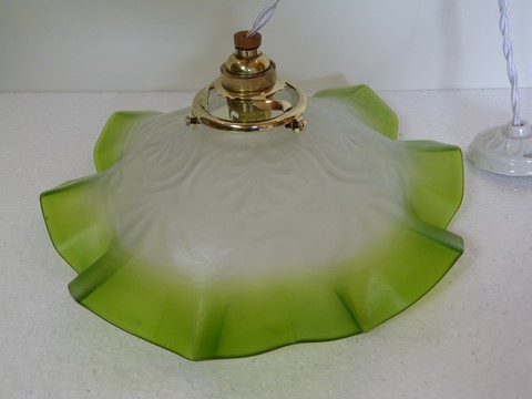 Rare suspension ancienne abat jour verre bicolore art nouveau