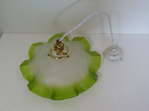 Rare suspension ancienne abat jour verre bicolore art nouveau