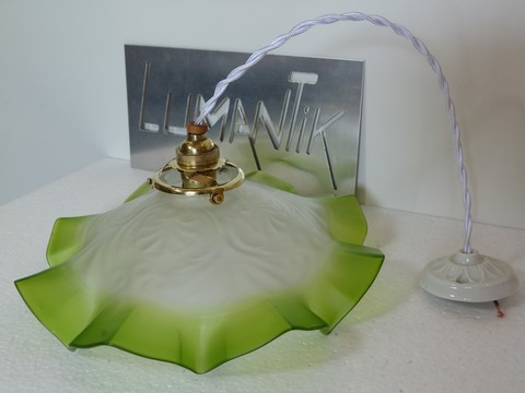 Rare suspension ancienne abat jour verre bicolore art nouveau