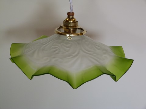 Rare suspension ancienne abat jour verre bicolore art nouveau