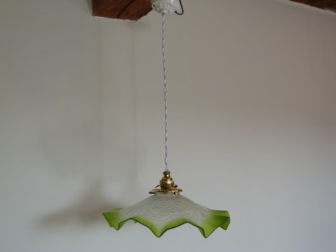 Rare suspension ancienne abat jour verre bicolore art nouveau