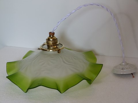 Rare suspension ancienne abat jour verre bicolore art nouveau