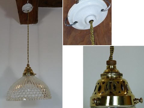 Suspension ancienne griffe laiton et verre holophane